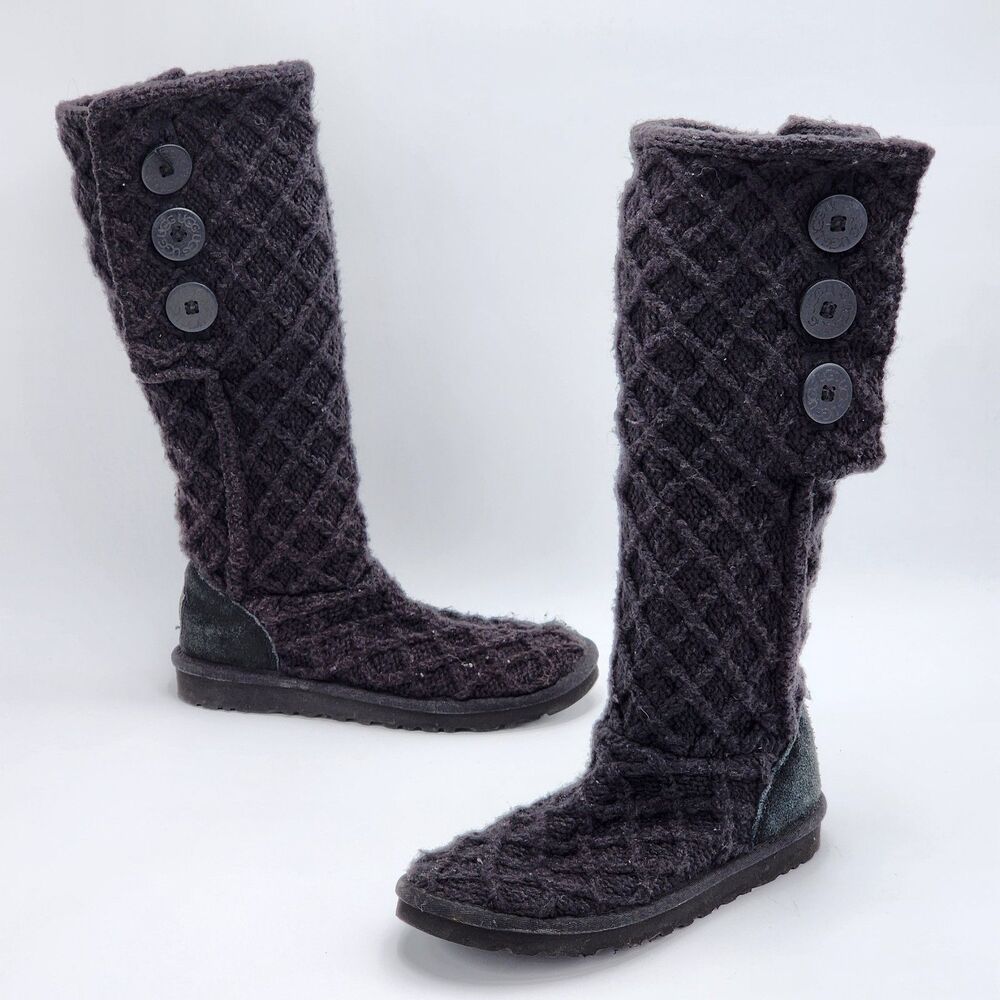 UGG Australia Classic Cardy Knit Button Black Relaxed Boots in Size 6